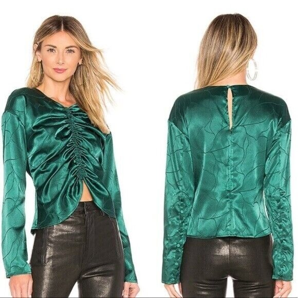 L’Academie The Waylon Satin Ruched Blouse in Rainforest Green Size Small - Picture 2 of 9